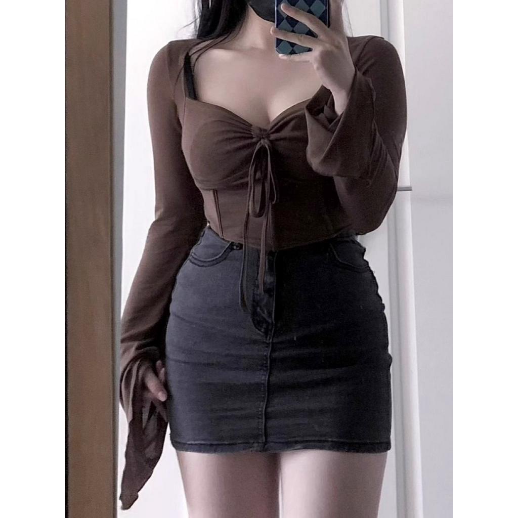 💕甜心大尺碼💕M-5XL 大尺碼純欲方領長袖T恤女春季新款胖mm收腰顯瘦短款打底辣妹上衣夏