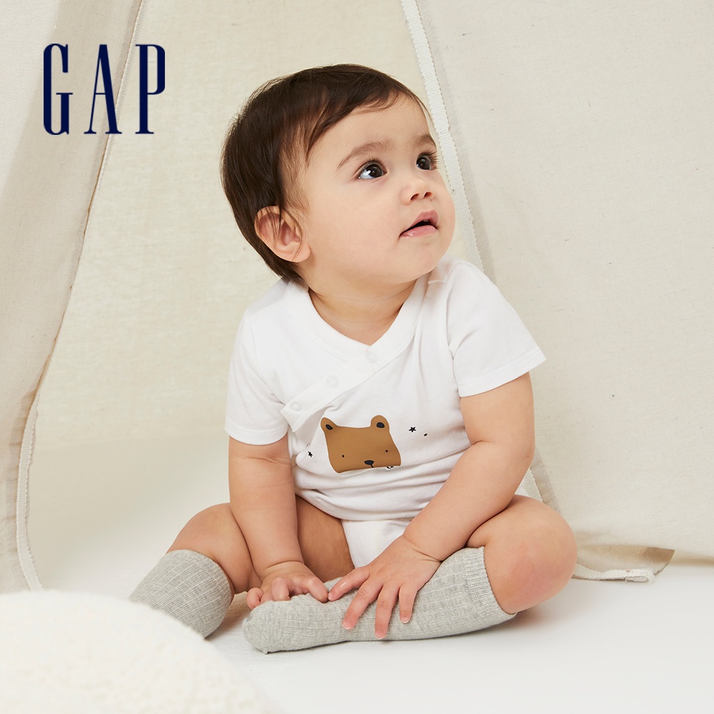 Gap 嬰兒裝 小熊側開領短袖包屁衣 布萊納系列-白色(833403)