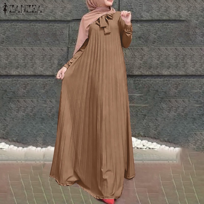 ZANZEA 穆斯林服裝女士休閒派對全袖純色百褶設計洋裝