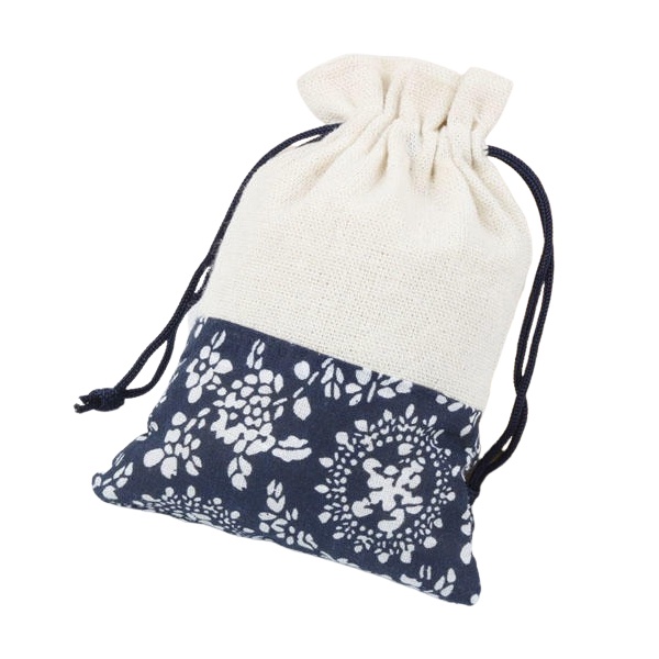 日式束口袋(小/大) 深藍色花邊麻布束口袋 棉麻抽繩束口袋 收納整理袋 禮品袋 旅行小物收納袋 居家收納