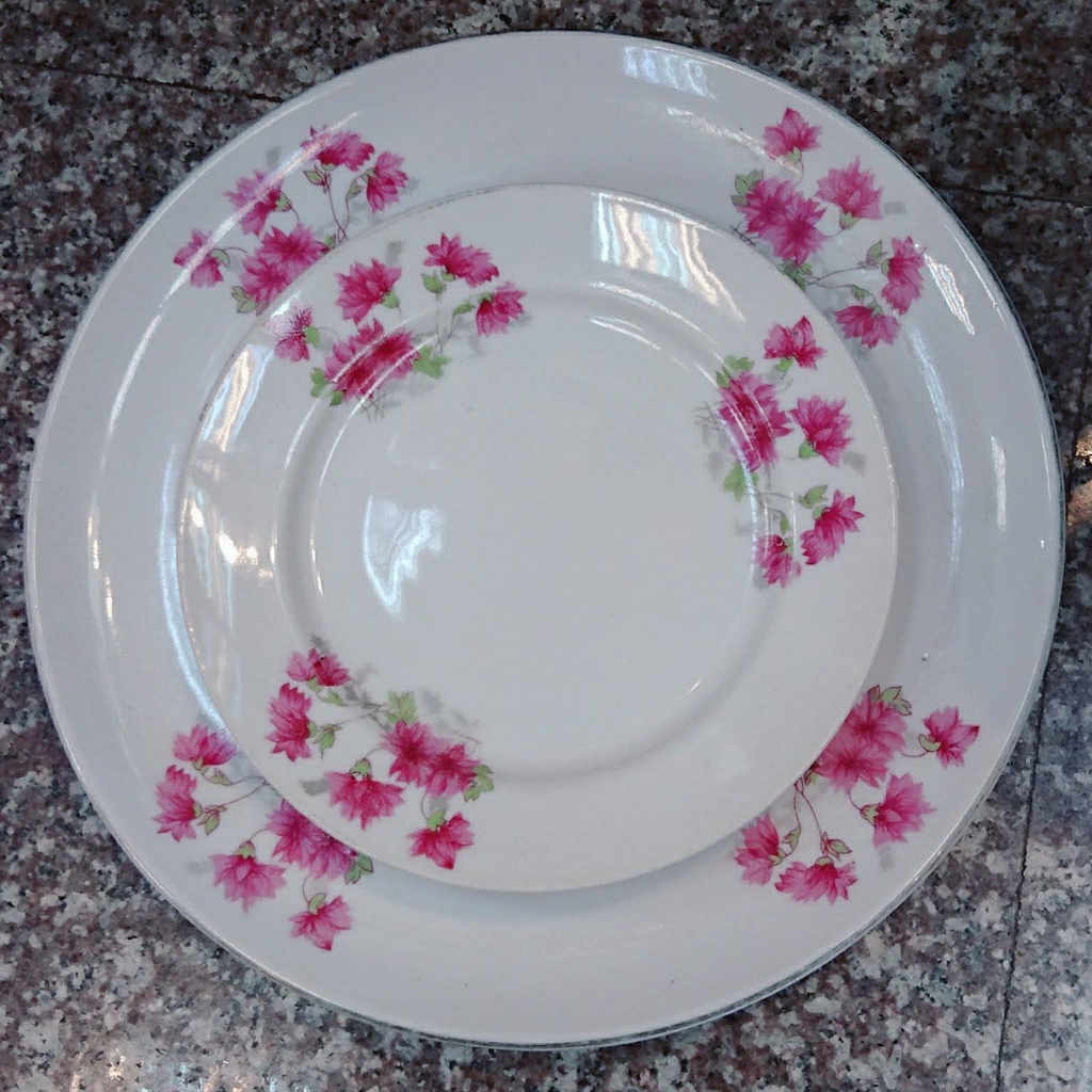 早期 桃紅 花卉 金邊陶瓷盤  盤子  玫瑰花 二個大小可選