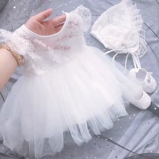 「臺灣現貨」寶寶蕾絲公主裙含帽子 嬰兒滿月週歲禮服夏季薄短袖公主裙 女童週歲小洋裝連身裙 花童禮服婚紗百天拍照寶寶禮服