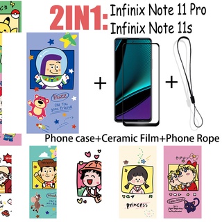 2 合 1 Infinix Note 11s Note 11 Pro 手機殼帶鋼化玻璃陶瓷膜螢幕保護膜可愛人物系列
