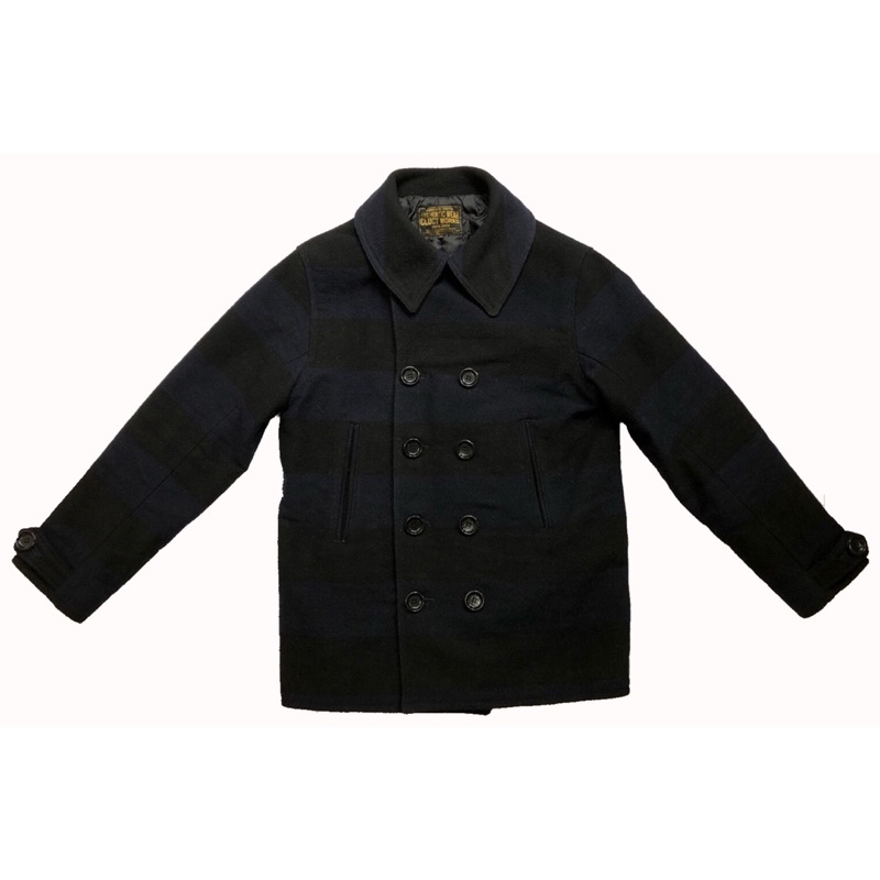 日本製CLUCT Navy Wool Pea Coat深黑藍寬版條紋海軍雙排扣羊毛保暖外套 扎實硬挺混紡面料P短大衣 M
