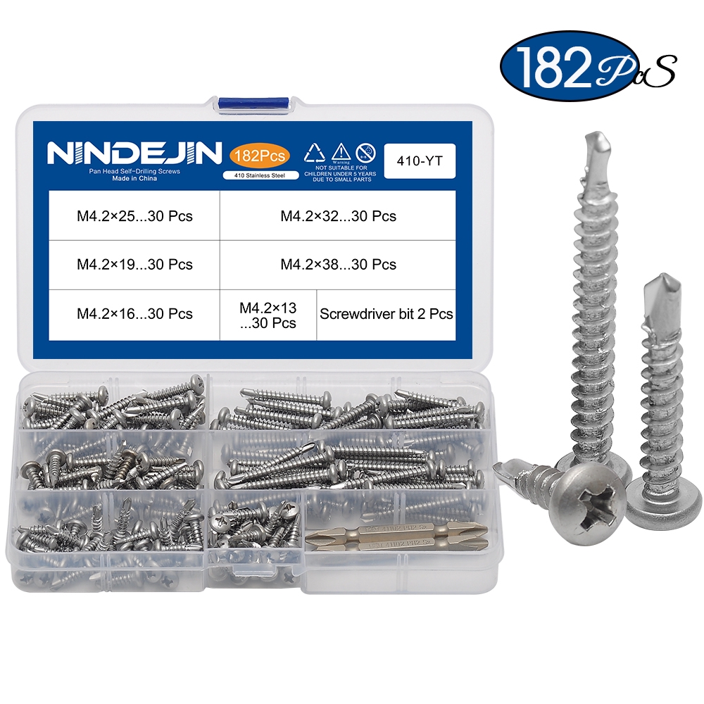 NINDEJIN 182pcs盒裝十字槽盤頭鑽頭自攻螺絲410不銹鋼M4.2自攻螺釘套件