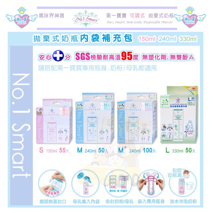 【馨baby】No.1 smart 第一寶寶 拋棄式奶瓶內袋 S150ml/M240/L330ml 公司貨