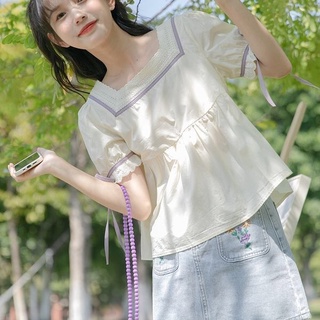 方領短袖襯衫女夏季新款學院風甜美系帶設計感小衫寬鬆上衣女