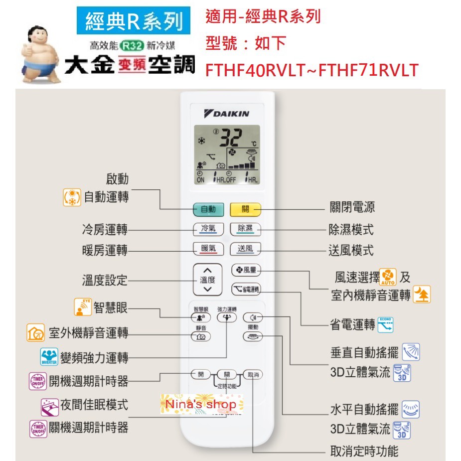 DAIKIN 原廠冷氣遙控器-附兩顆四號電池FTHF40RVLT~FTHF71RVLT適用經典R系列