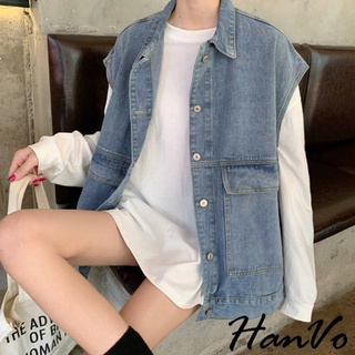 【HanVo】時髦感大口袋工裝牛仔背心 率性街頭男友風穿搭 百搭寬鬆單寧背心外套 女生衣著 A07-4921