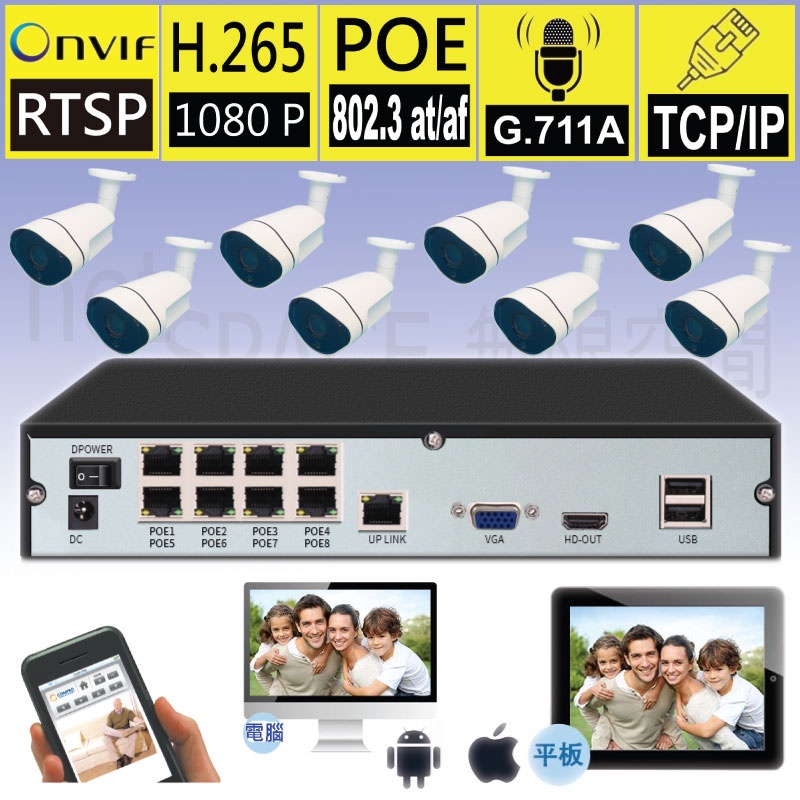 8路NVR POE供電錄影主機H.265不需固IP手機監看1080 P可錄音(無限空間8N605)
