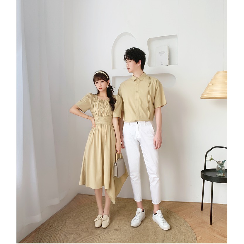 韓國情侶裝方領短袖收腰長洋裝短袖襯衫連身長裙連身長洋裝氣質婚紗便服外拍情人節禮物 蝦皮購物