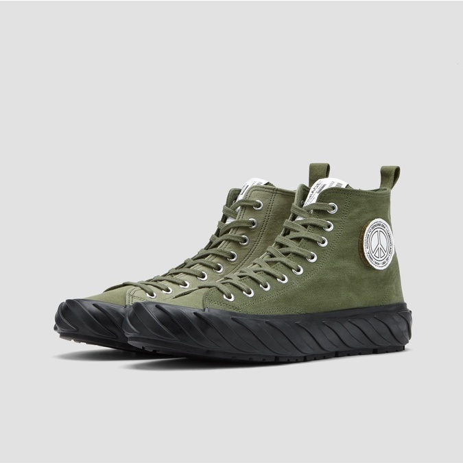 AGE 橄欖綠/灰綠撞色高筒口袋帆布輪胎鞋