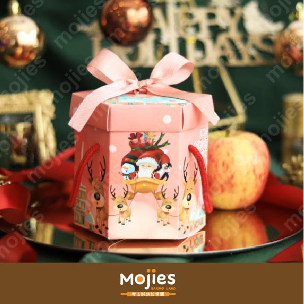 【摩吉斯烘焙樂園】【G413】聖誕禮物盒-手提六角款(粉紅) 聖誕節交換禮物 糖果盒 禮物盒 烘焙包材