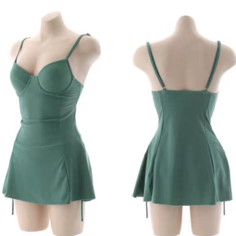 全新夏天綠色連身裙保守泳衣 連身泳衣 兩件式