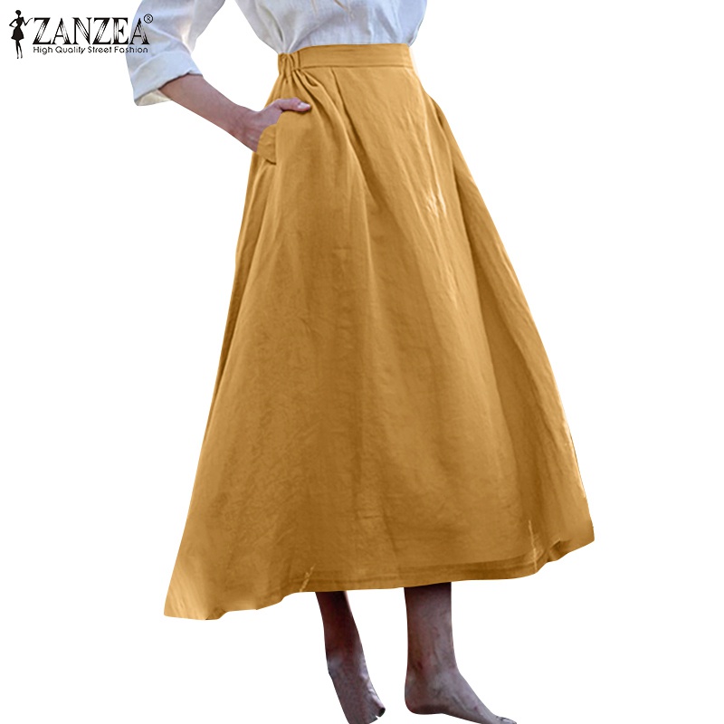 Zanzea 女士復古彈性高腰韓版口袋長裙