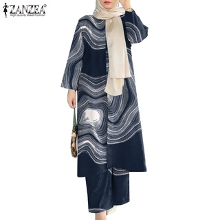 Zanzea 女士穆斯林時尚長袖彈性印花側開叉腰帶配口袋套裝