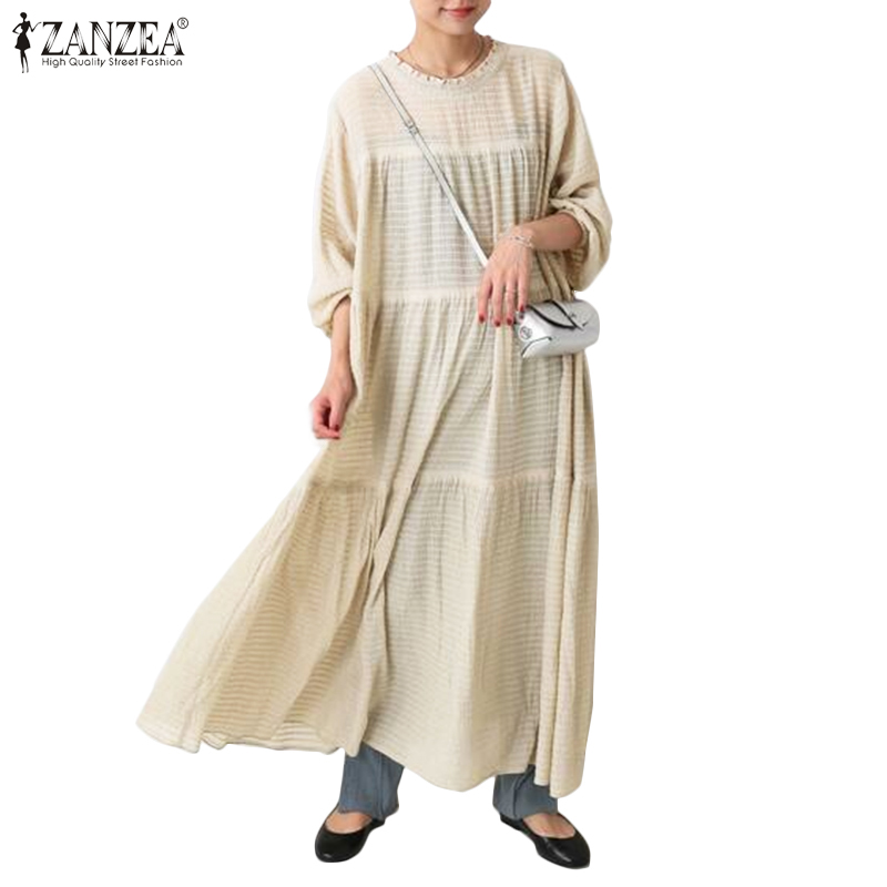 ZANZEA女士2件3/4袖休閒分層純色長連衣裙