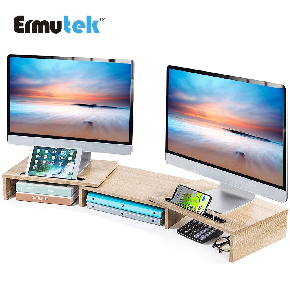 Ermutek 多功能桌上型雙螢幕增高架-多功能可調式LCD 電腦螢幕架 /橡木紋/ SR-001-O