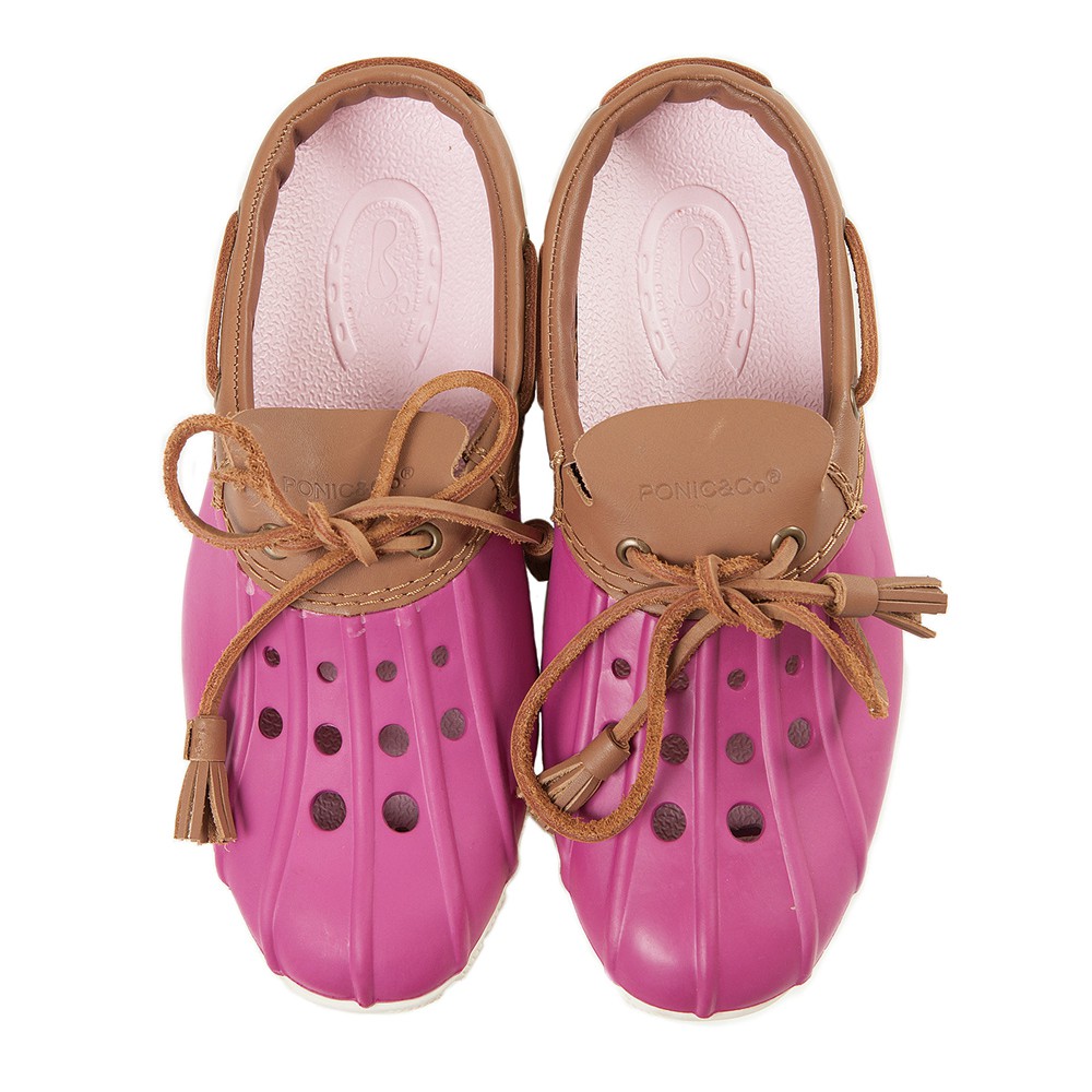 美國加州 PONIC&amp;Co. CODY 防水輕量 洞洞半包式拖鞋 雨鞋 桃紫色 男女 休閒鞋 懶人鞋 真皮流蘇 環保膠鞋