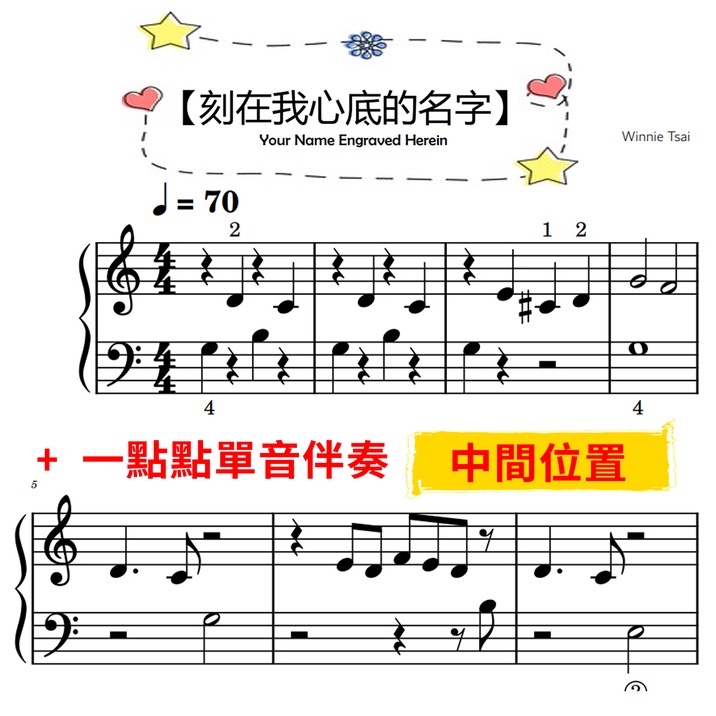 鋼琴譜-031【刻在我心底的名字】 初階版 附指法 5頁