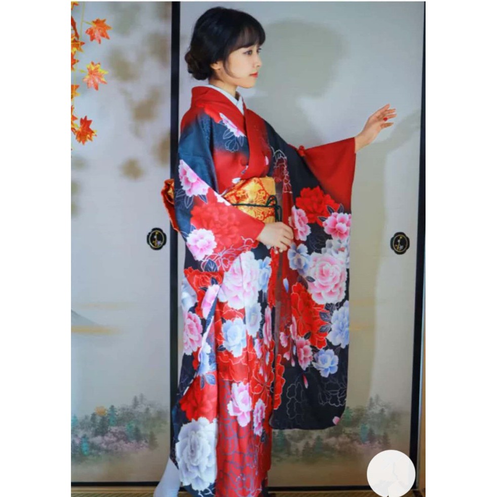 12日本女士傳統和服正裝大振袖著物酒紅色牡丹印花和服| 蝦皮購物