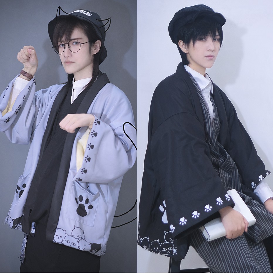 貓咪日式和風改良和服半纏襖加棉羽織和風外套男家居服居家開衫短款cos 蝦皮購物