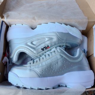 【FILA】潮流復古 增高 厚底 全銀色球鞋