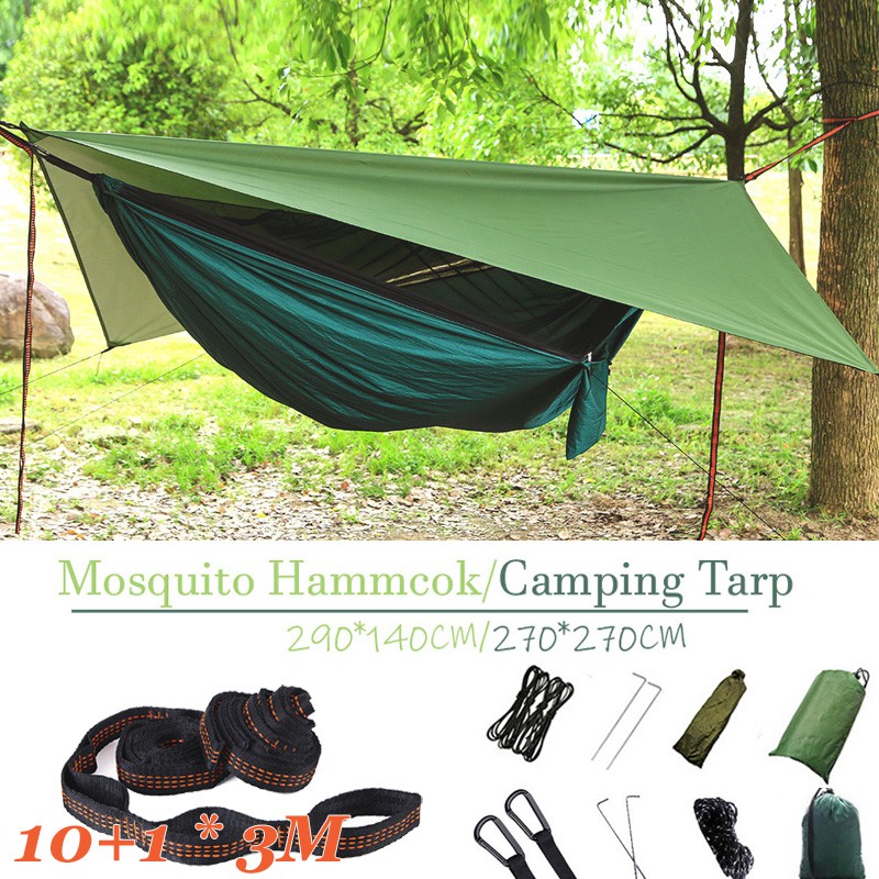 便攜式一體式露營吊床,帶蚊帳和 3M*2 件 10+1 掛鉤樹延長帶和雨蠅篷布