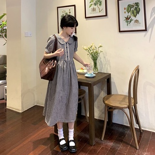 甜美日系復古寬鬆氣質顯瘦長裙黑白格子娃娃領連衣裙