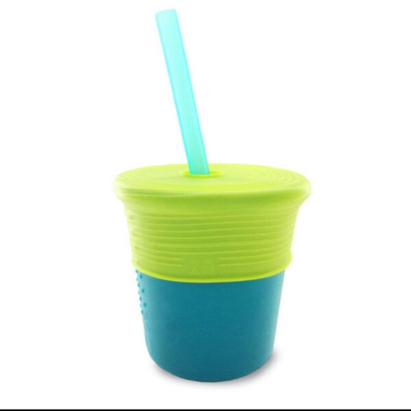 美國silikids果凍餐具 矽膠吸管杯組 草地綠 兒童餐具 矽膠杯套 水杯 杯蓋