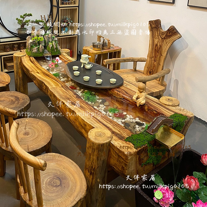 &lt;久伴家居&gt;香樟木流水茶桌禪意養魚茶幾新中式實木家具會客功夫茶桌椅組合