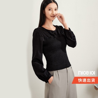 niceioi【特惠】典雅彈性木耳花邊上衣 長袖上衣 衣服 t恤 女裝