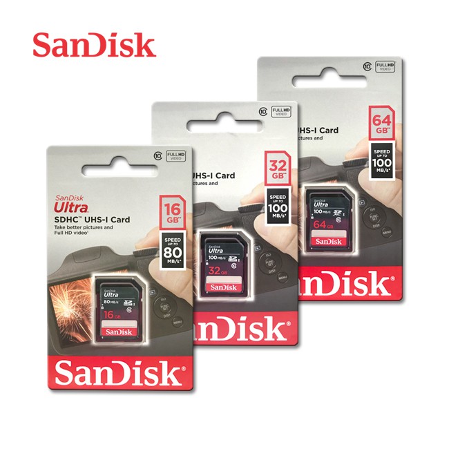 SANDISK Ultra SD C10 UHS-I 讀取100MB/s 記憶卡 傻瓜相機適用 16G 32G 64G