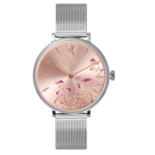 【MANGO】花語時尚米蘭帶腕錶 淡粉面x銀 34mm MA6767L-10