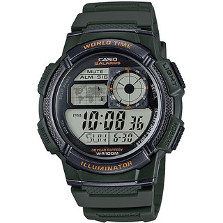 【CASIO】10年電力世界城市野外風格膠帶電子錶-綠(AE-1000W-3A)正版宏崑公司貨