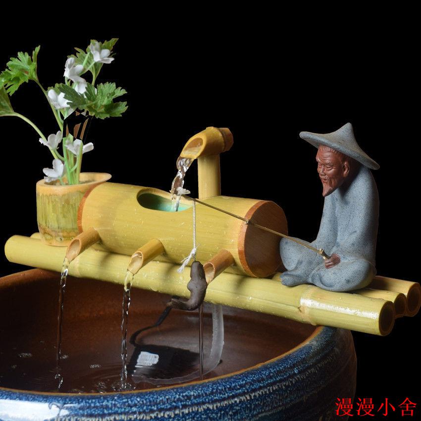 新品💞魚缸過濾器自動循環流水擺件陶瓷石槽造景裝飾竹子流水養魚制氧竹