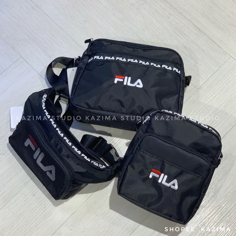 Kazima Fila logo 串標 肩背包 側背包 多夾層 腰包 兩用包 文件包 隨身包 包 包包 黑 黑色
