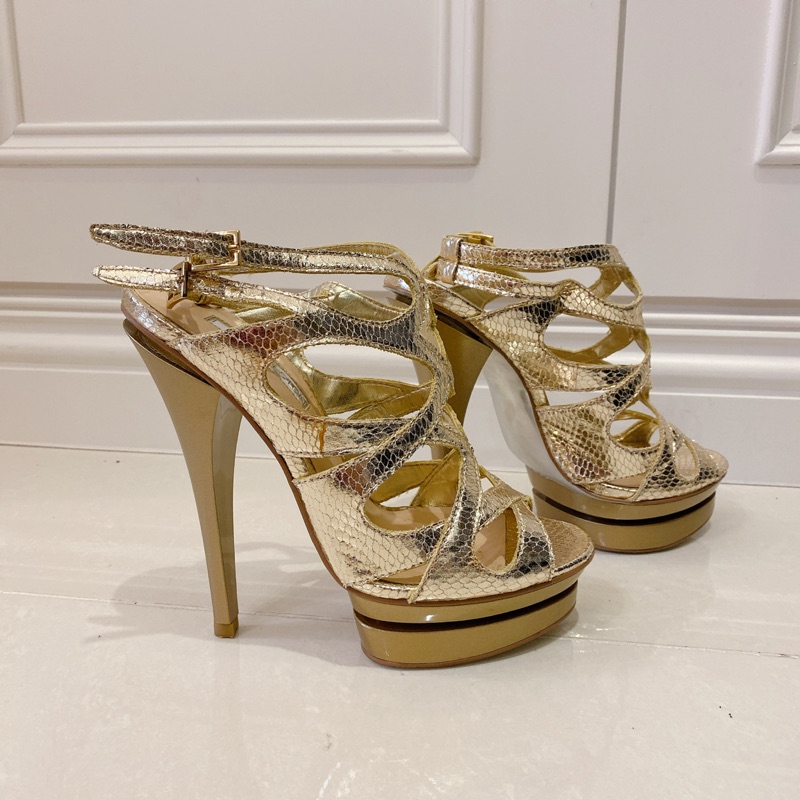 美國紐約第五大道購入絕美金色蛇皮羅馬厚底高跟鞋婚鞋 蝦皮購物