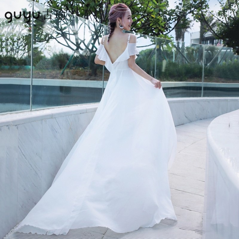 白色仙女洋裝 S-XL 婚紗照 藝術照拖地長洋裝 收腰大擺連身裙