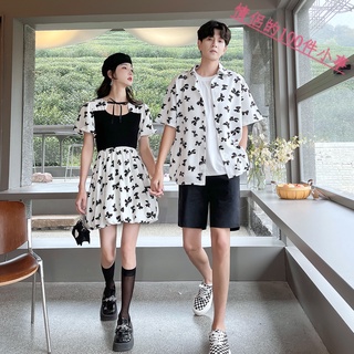 【COUPLE】💕情侶裝2022💕新款初戀泡泡袖連衣裙女夏小個子蝴蝶結印花短裙