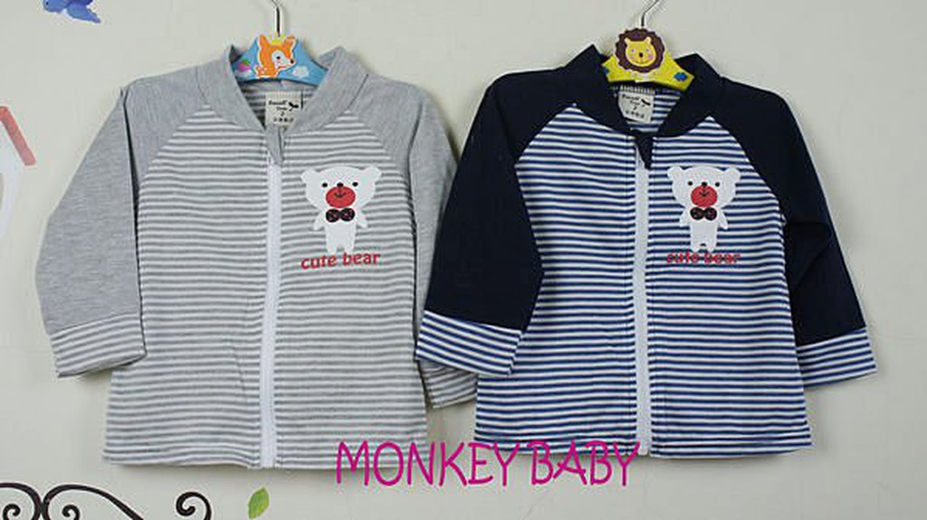 【MONKEY BABY 】台灣製細橫條熊熊圖案外套75-95公分穿2色可選(0726)