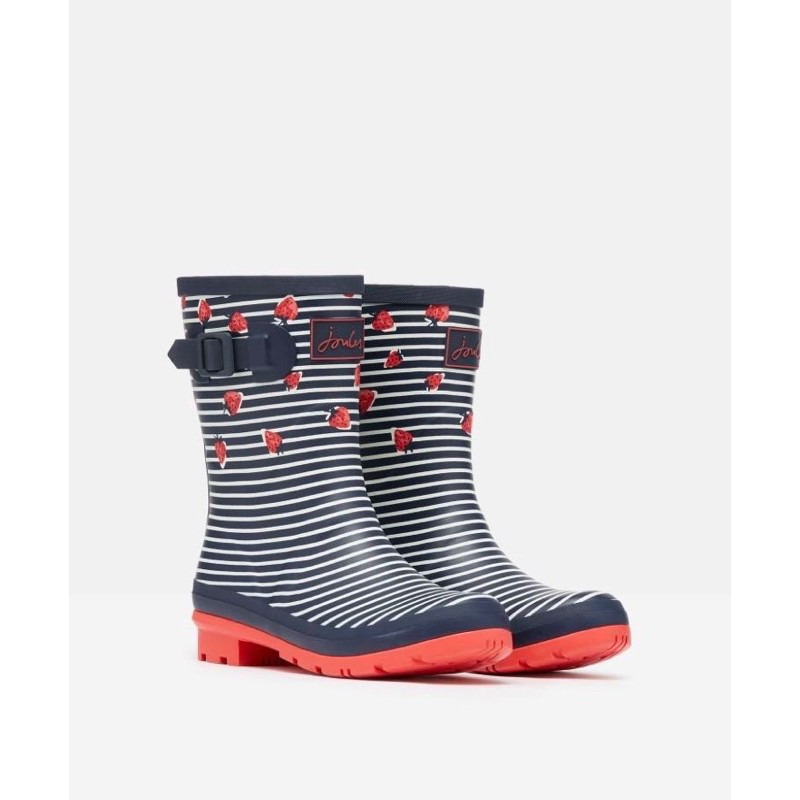 Miolla 英國品牌Joules 深藍白細條紋底色小草莓 中筒雨靴/雨鞋