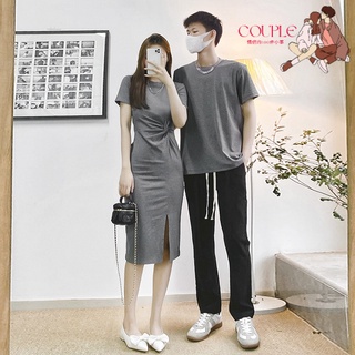 【COUPLE】2022夏季情侶裝🔥🔥側開叉連衣裙氣質紐結設計感純高腰連衣裙男T恤