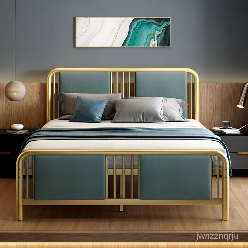 {爆款 破損補發}現代簡約輕奢新中式鐵藝床1.2米1.8米金色軟靠鐵床架金屬雙人鐵床 4VO0