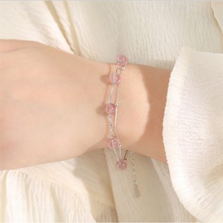 【台灣現貨】雙層草莓粉色豆沙愛情圓珠水晶 S925純銀手鍊 氣質小眾設計手串