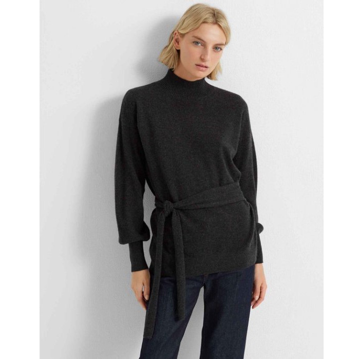 全新歐美精品 - Club Monaco 100%cashmere 喀什米爾柔軟深灰色綁帶造型長版毛衣 現貨XS