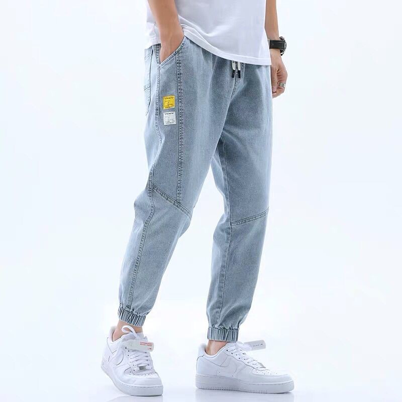 【LS CLOTHING】L-5XL潮牌牛仔褲男春秋新款束腳淺色寬鬆哈倫褲潮流九分褲子男生衣著牛仔長褲縮口褲