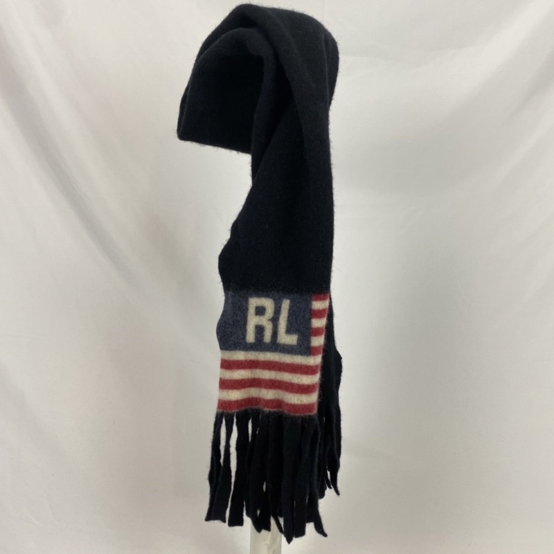 古著 Polo Ralph Lauren 羔羊毛 國旗圖案Logo 長版黑色精品流蘇圍巾 中性款 羊毛圍巾
