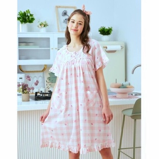 🌷蕾妮塔塔🌷 全系列精品專賣/ (15009) (2色) 100%棉甜莓格紋平織（微透）短袖連身睡衣( F )