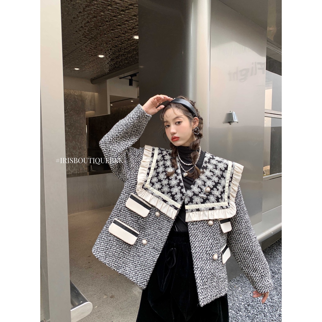 Iris Boutique IC2021W07 21冬季新品 Half sweety coat 大翻領拼接灰色女士外套